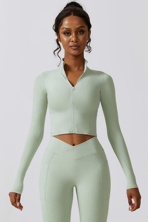 Zip Up Long Sleeve Cropped Active Top Light Green
