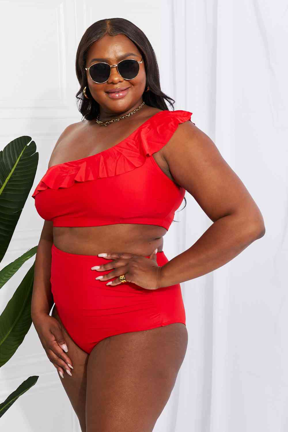 Marina West Swim Seaside Romance Ruffle One-Shoulder Bikini in Red Scarlett