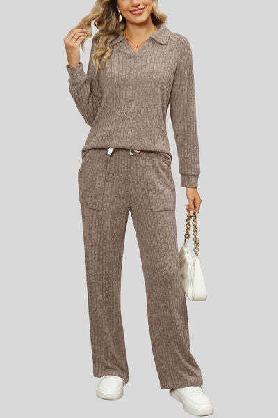 Ribbed Long Sleeve Top and Pocketed Pants Set Taupe