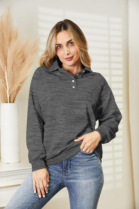Ninexis Full Size Quarter-Button Collared Sweatshirt Charcoal