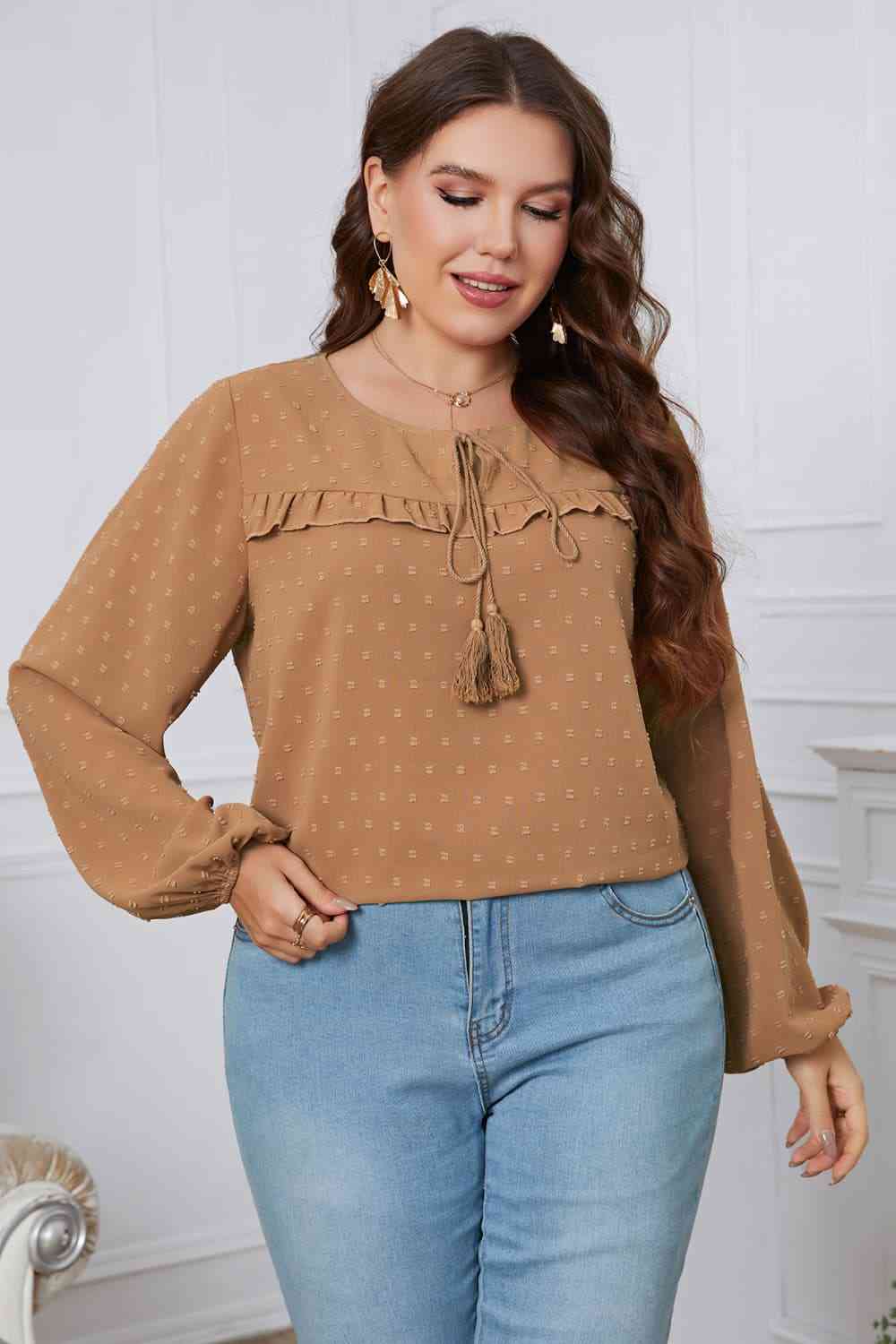 Melo Apparel Plus Size Swiss Dot Frill Trim Round Neck Blouse Camel