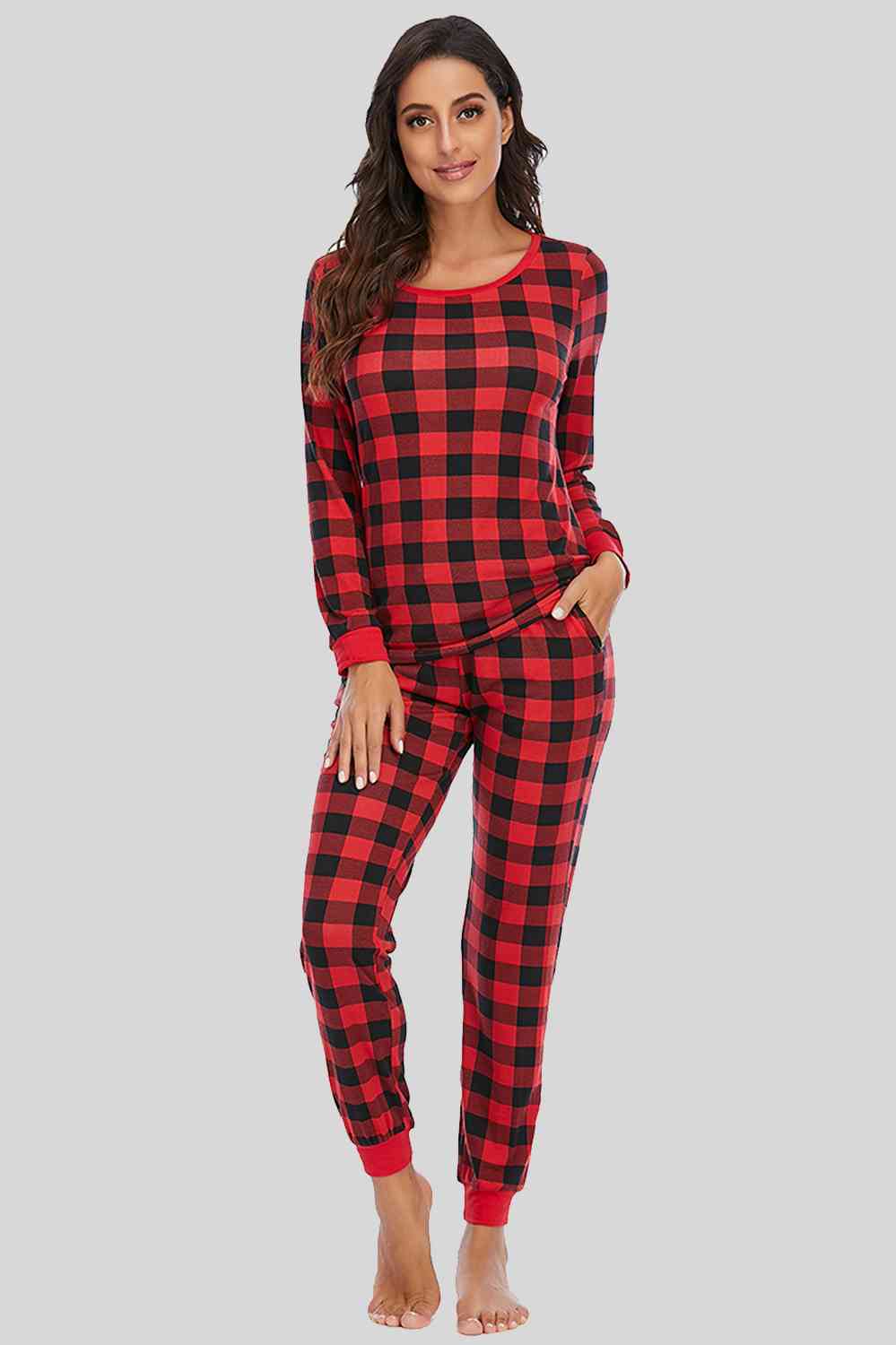 Plaid Round Neck Top and Pants Set Deep Red