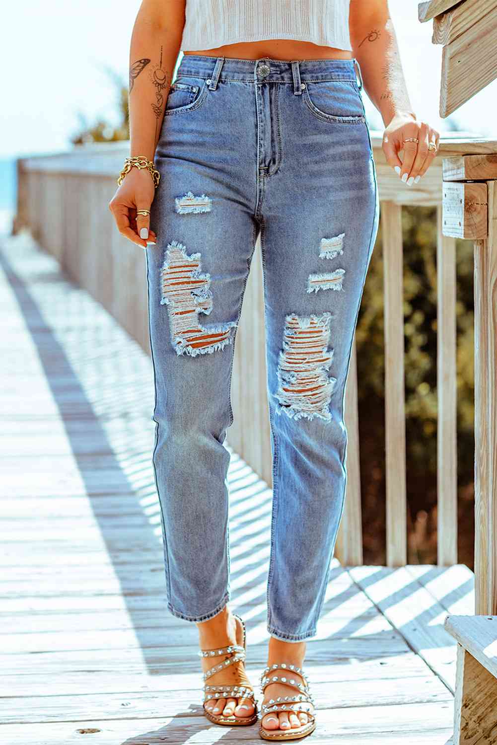 Baeful Distressed Ankle-Length Straight Leg Jeans Sky Blue