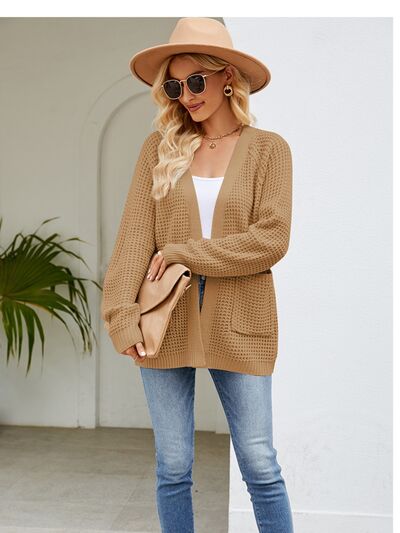 Open Front Raglan Sleeve Pocketed Cardigan Tan