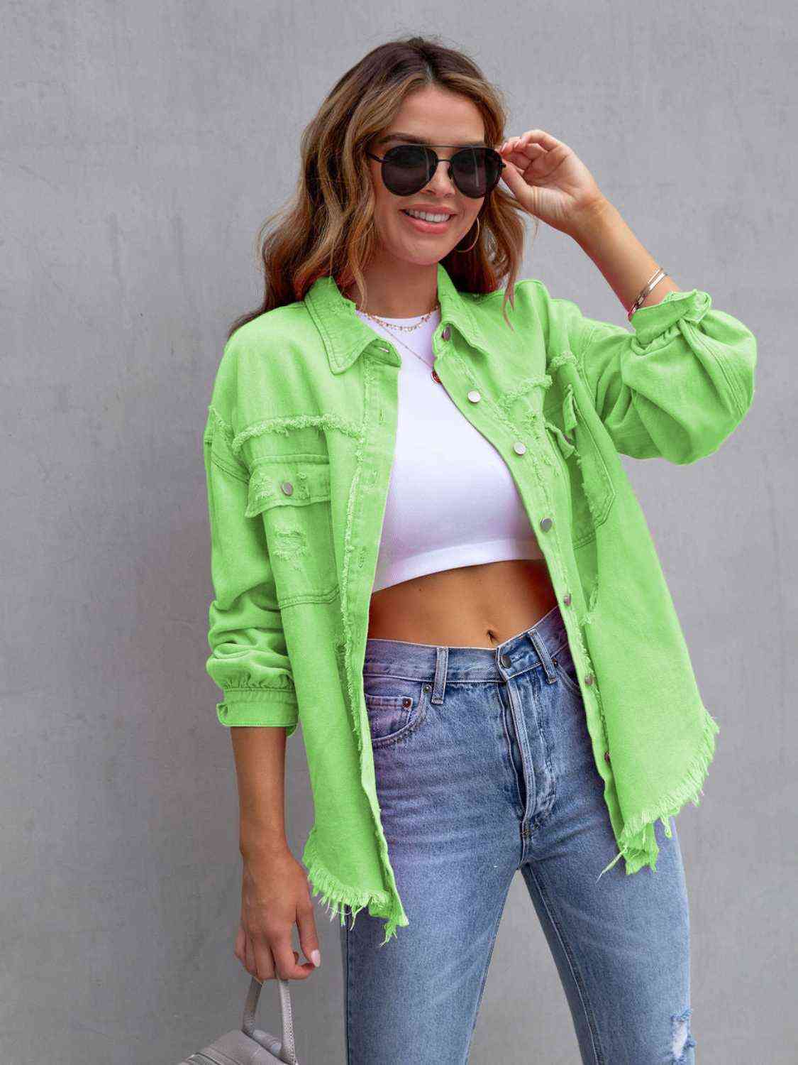 Distressed Drop Shoulder Denim Jacket Lime