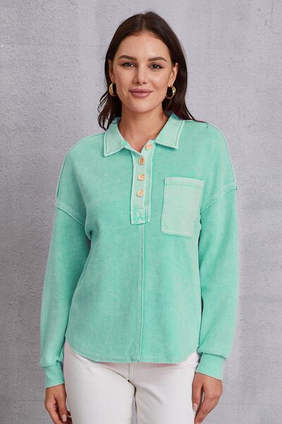 Quarter Button Dropped Shoulder Sweatshirt Light Green