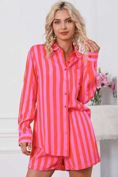 Striped Pocketed Button Up Shirt and Shorts Set Hot Pink