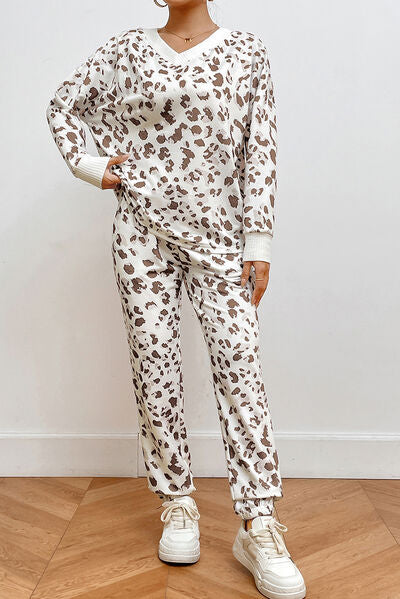 Leopard V-Neck Top and Pants Lounge Set White