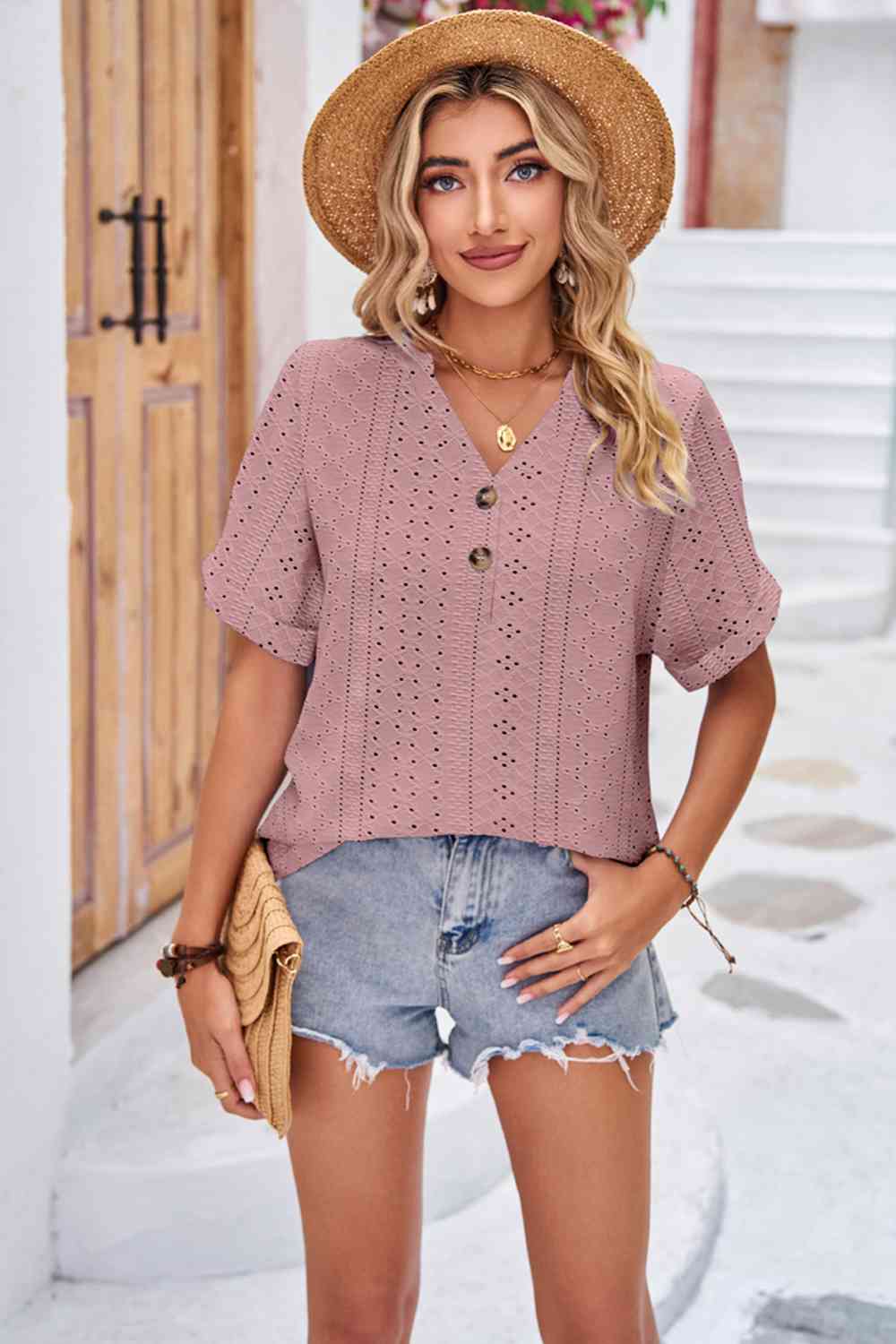 Buttoned Notched Neck Eyelet Top Dusty Pink