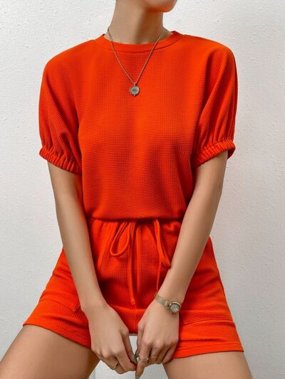Waffle-Knit Round Neck T-Shirt and Pocketed Shorts Lounge Set Red