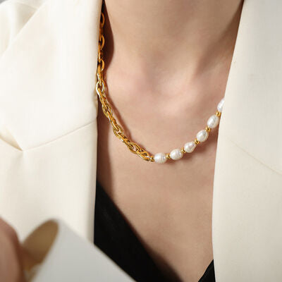 Half Pearl Detail 18K Gold-Plated Necklace