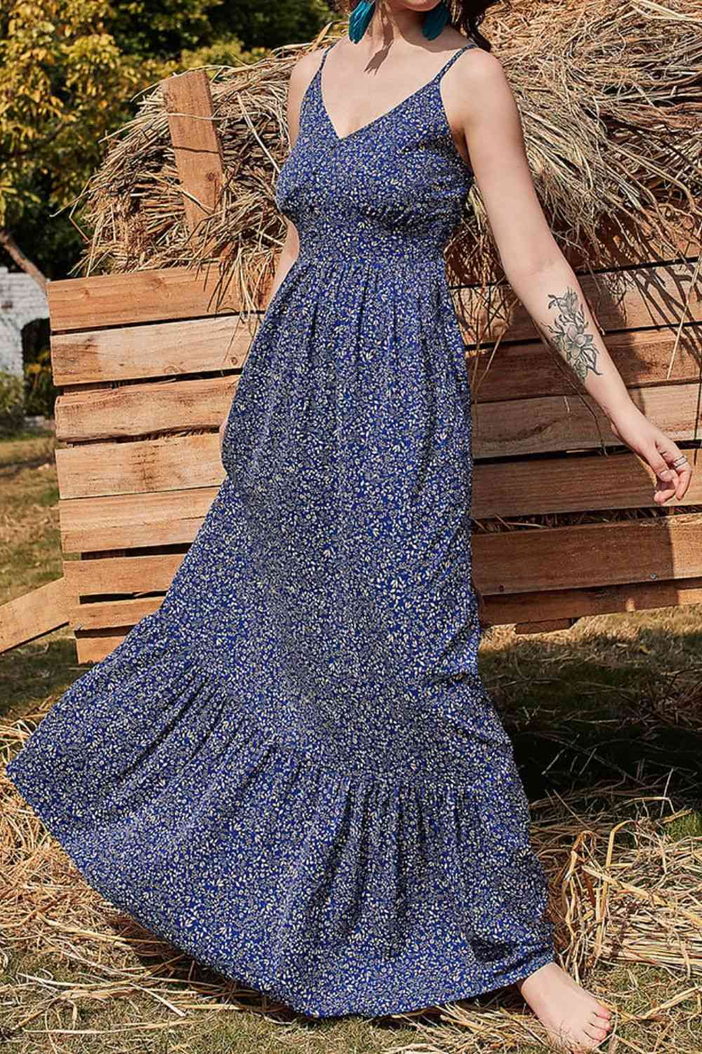 Ditsy Floral Spaghetti Strap Maxi Dress Peacock Blue