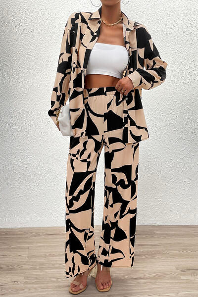 Printed Button Up Shirt and Pants Set Beige
