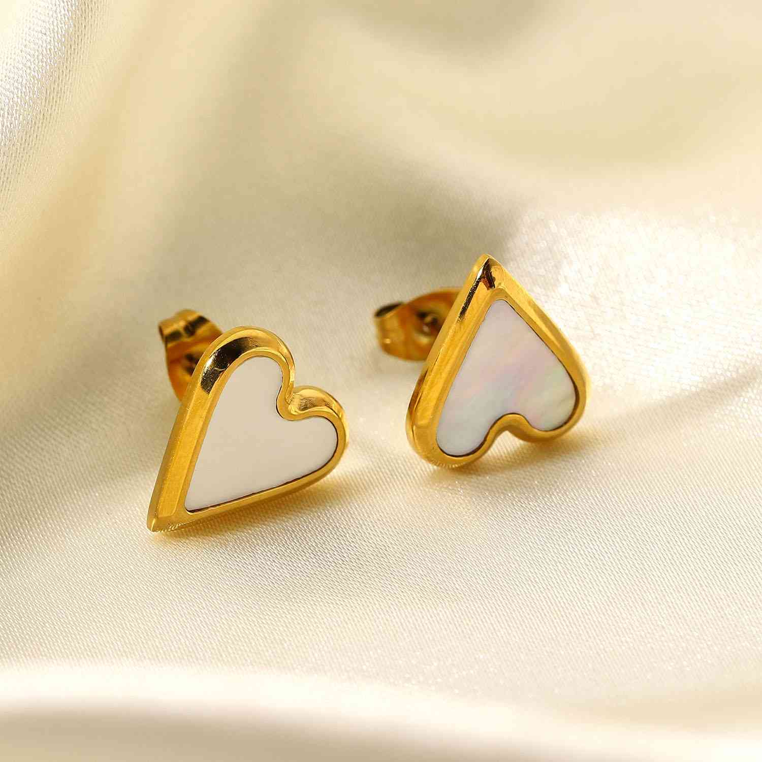 Heart Stainless Steel Stud Earrings Gold/White One Size