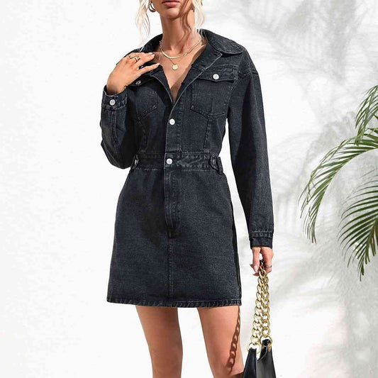 Buttoned Collared Neck Denim Mini Dress Black