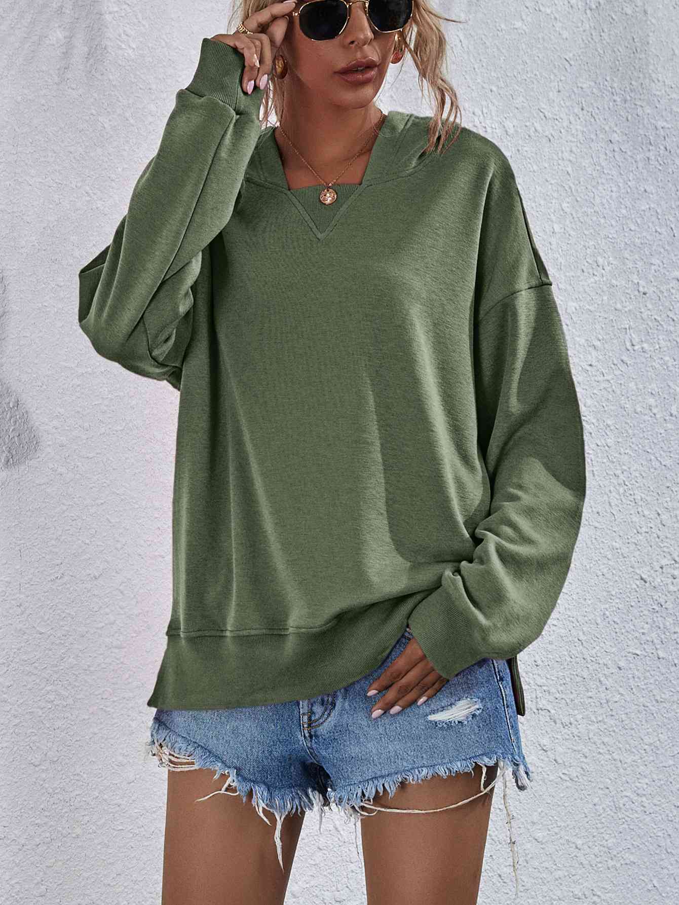 Dropped Shoulder Slit Hoodie Moss