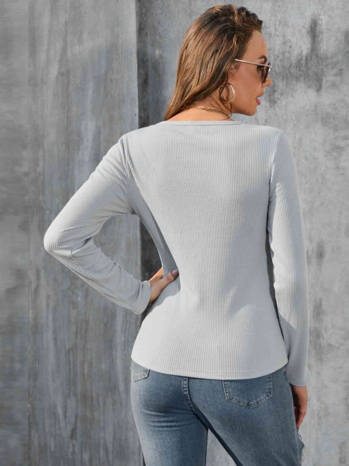 Buttoned Round Neck Long Sleeve T-Shirt