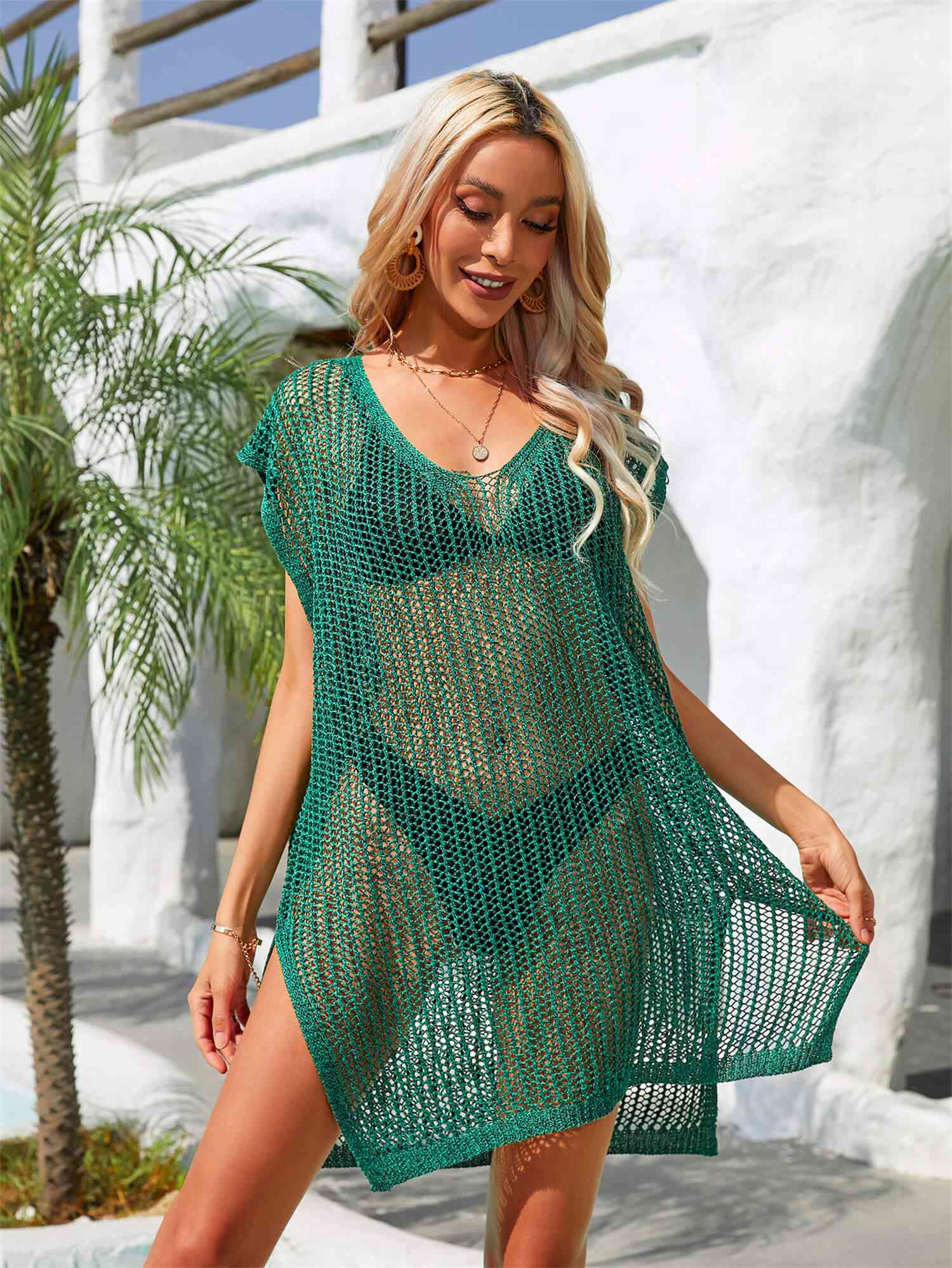 Side Slit Plunge Openwork Cover-Up Green One Size