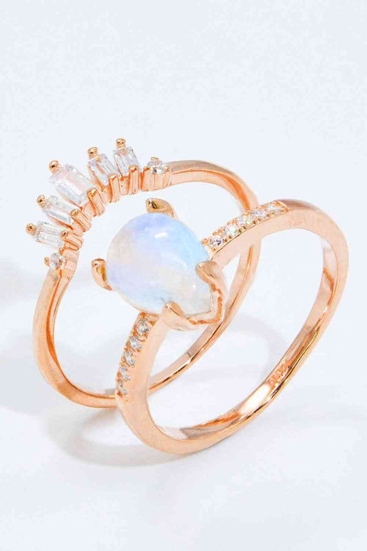 Natural Moonstone and Zircon 18K Rose Gold-Plated Two-Piece Ring Set Rose Gold