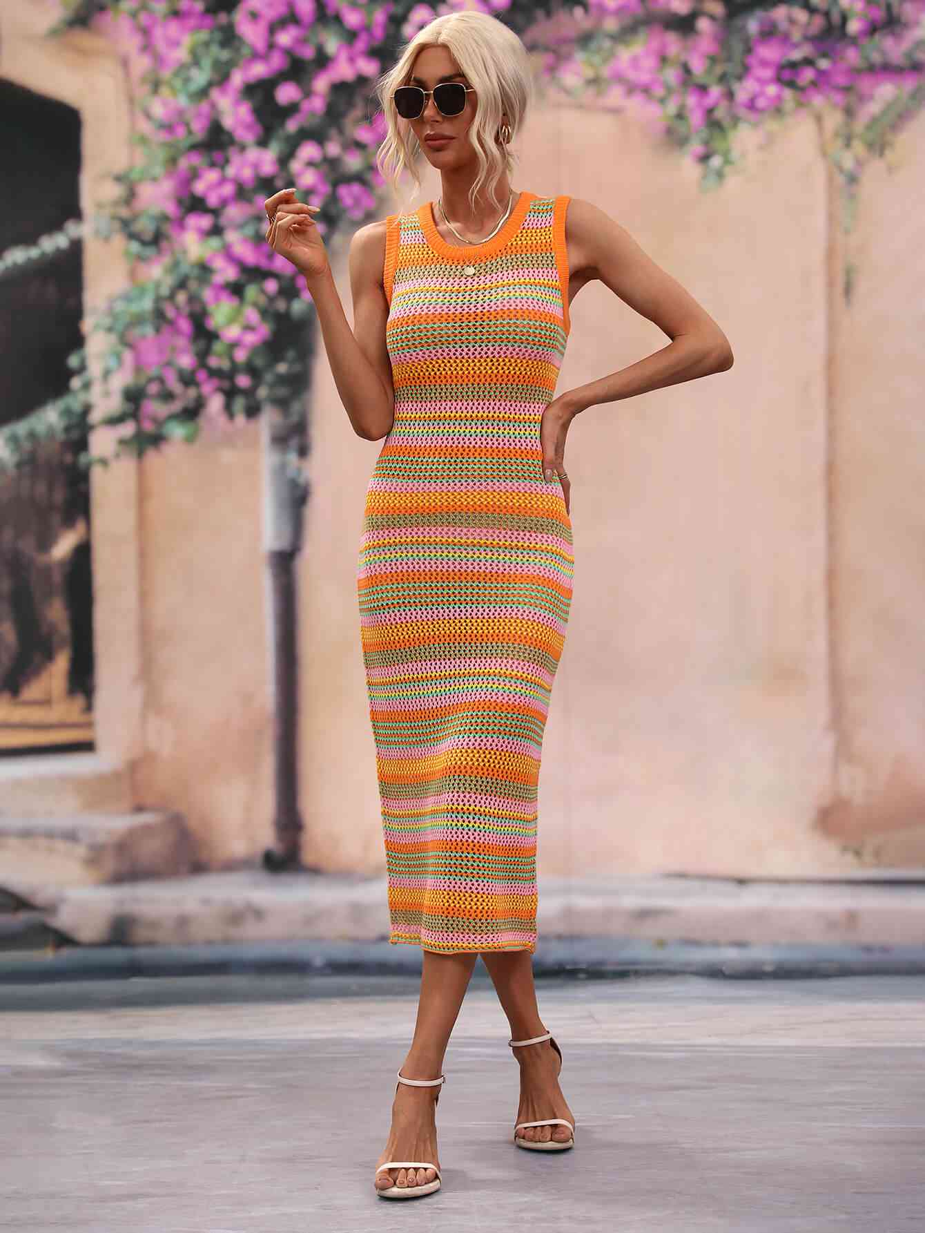 Striped Round Neck Sleeveless Midi Cover Up Dress Orange