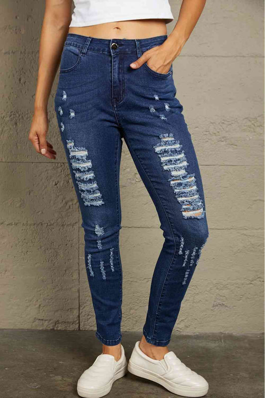 Baeful Mid-Rise Waist Distressed Skinny Jeans Blue