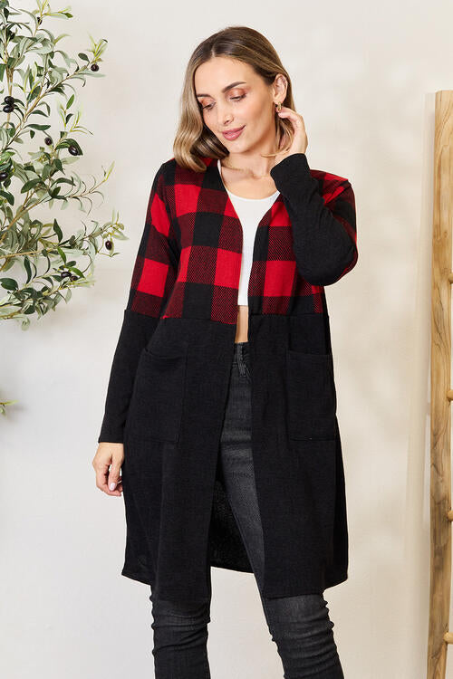 Heimish Full Size Plaid Open Front Cardigan Black/Red