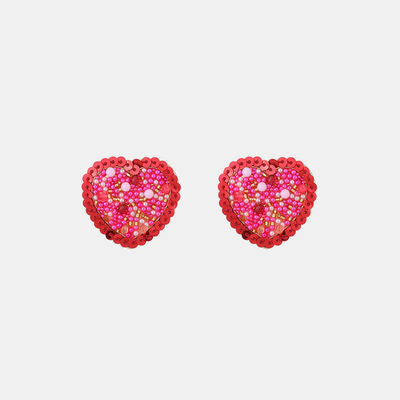 Sequin Heart Inlaid Bead Alloy Earrings Deep Rose One Size