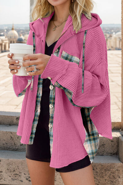 Plaid Waffle-Knit Drawstring Hooded Jacket Hot Pink
