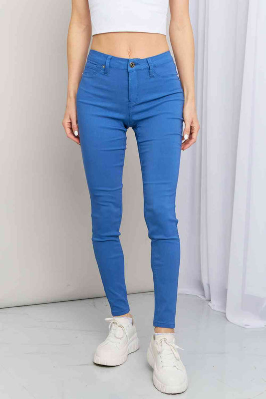 YMI Jeanswear Kate Hyper-Stretch Full Size Mid-Rise Skinny Jeans in Electric Blue Electric Blue