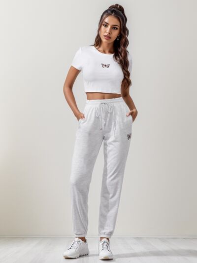 Butterfly Round Neck Top and Drawstring Pants Set White