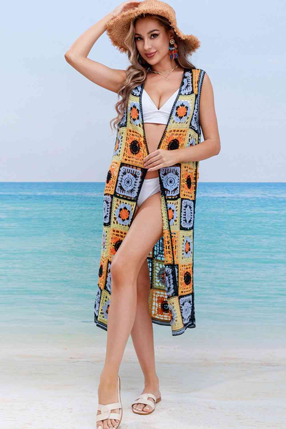 Crochet Open Front Sleeveless Cover Up Multicolor One Size