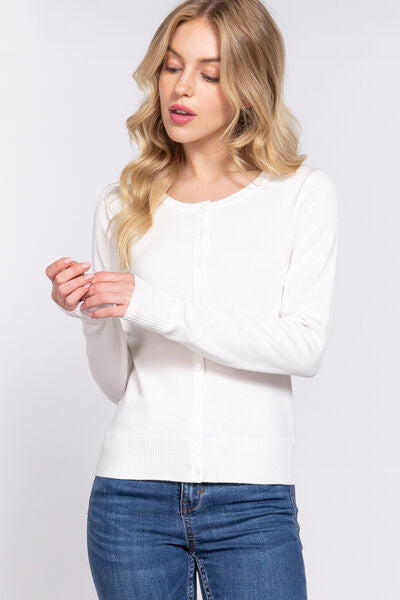 ACTIVE BASIC Ribbed Trim Button Up Cardigan OFFWHITE