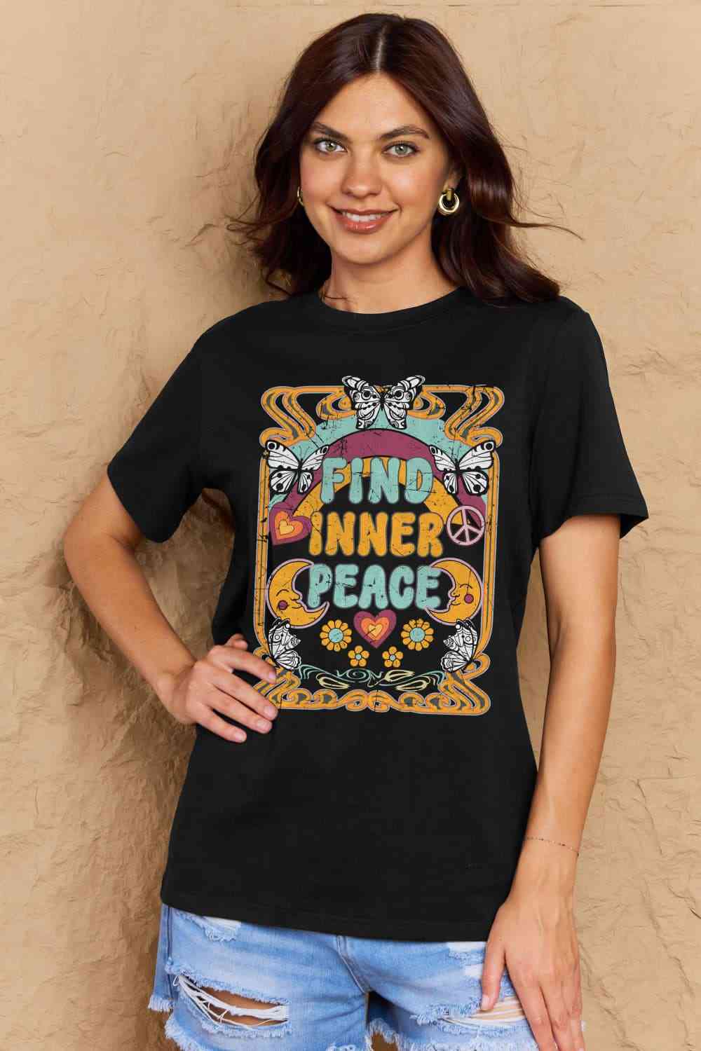 Simply Love Full Size FIND INNER PEACE Graphic Cotton T-Shirt Black