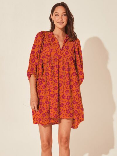 Floral Tie Neck Balloon Sleeve Dress Orange