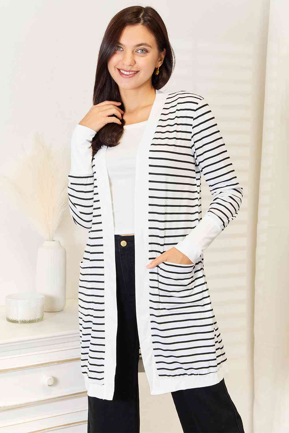 Double Take Striped Open Front Longline Cardigan White