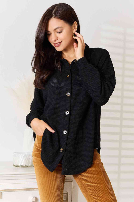 Double Take Waffle-Knit Collared Neck Dropped Shoulder Shirt Black