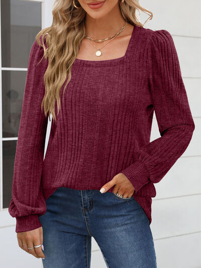 Square Neck Long Sleeve Blouse Wine