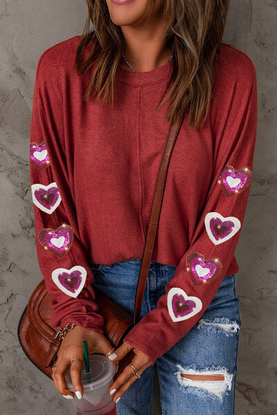 Heart Sequin Round Neck Long Sleeve T-Shirt Deep Red