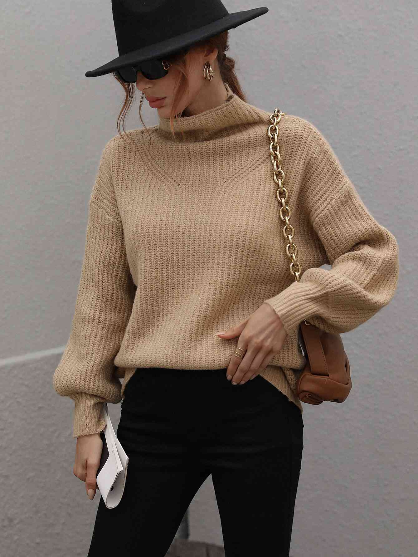 Woven Right High Neck Balloon Sleeve Rib-Knit Pullover Sweater Tan