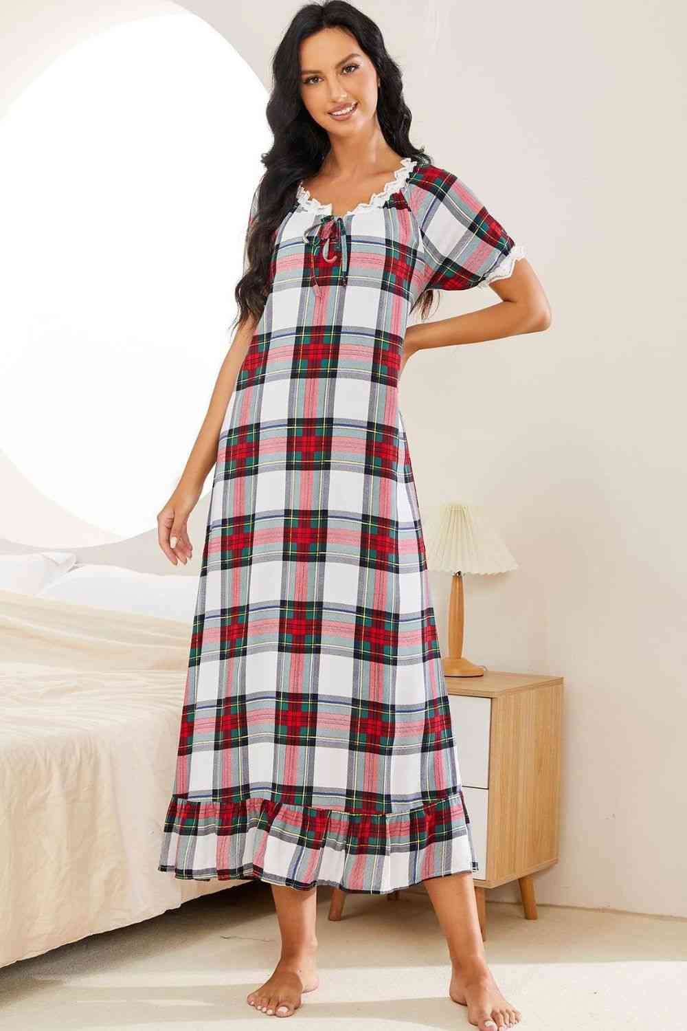 Plaid Lace Trim Ruffle Hem Night Dress Plaid