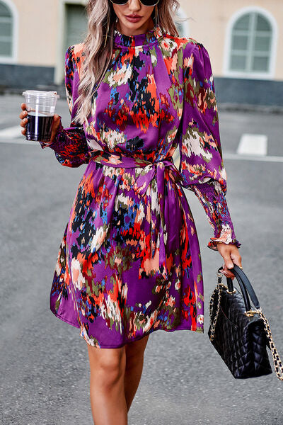 Printed Tie Waist Mock Neck Lantern Sleeve Dress Purple