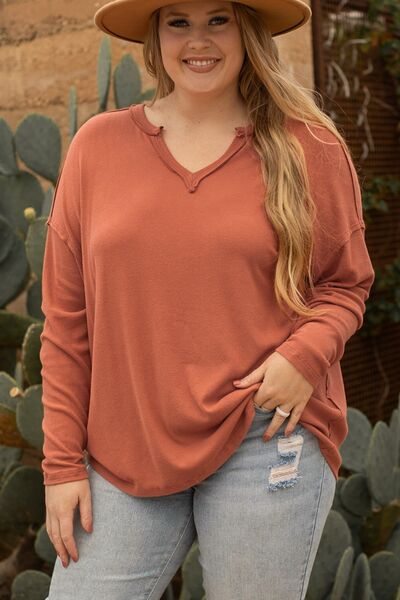 Plus Size Notched Long Sleeve T-Shirt Ochre