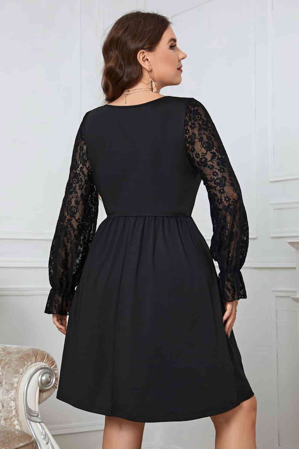 Melo Apparel Plus Size Lace Trim Round Neck Flounce Sleeve Dress