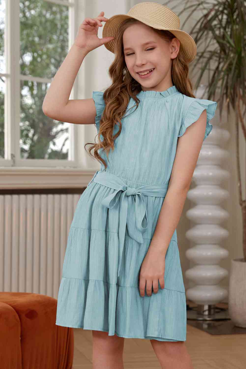 Frill Trim Tie Belt Tiered Dress Pastel Blue