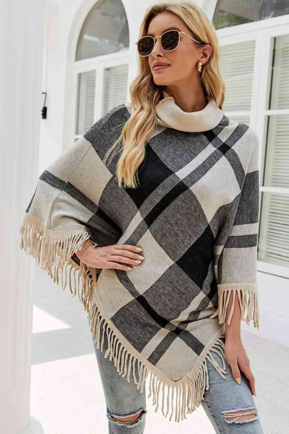 Plaid Turtleneck Fringe Hem Poncho Ivory One Size