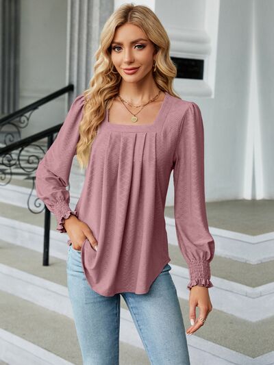 Ruched Square Neck Lantern Sleeve Blouse Moonlit Mauve