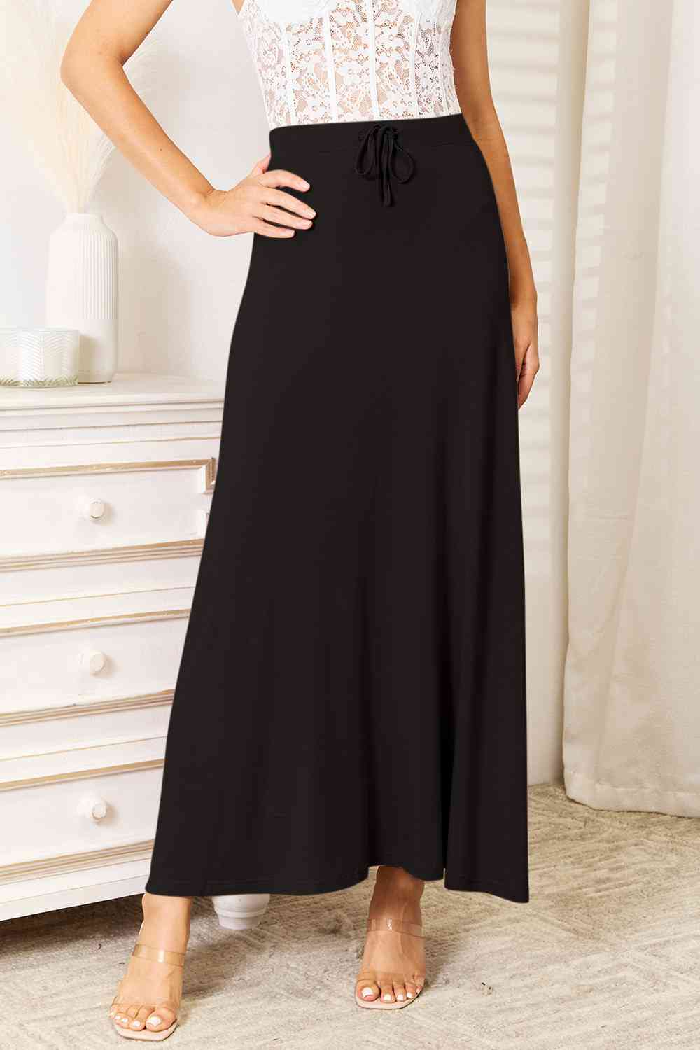 Double Take Full Size Soft Rayon Drawstring Waist Maxi Skirt Rayon Black