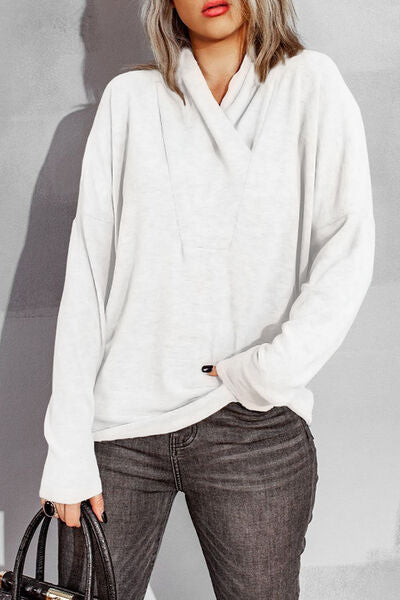 Surplice Dropped Shoulder Long Sleeve Sweater White