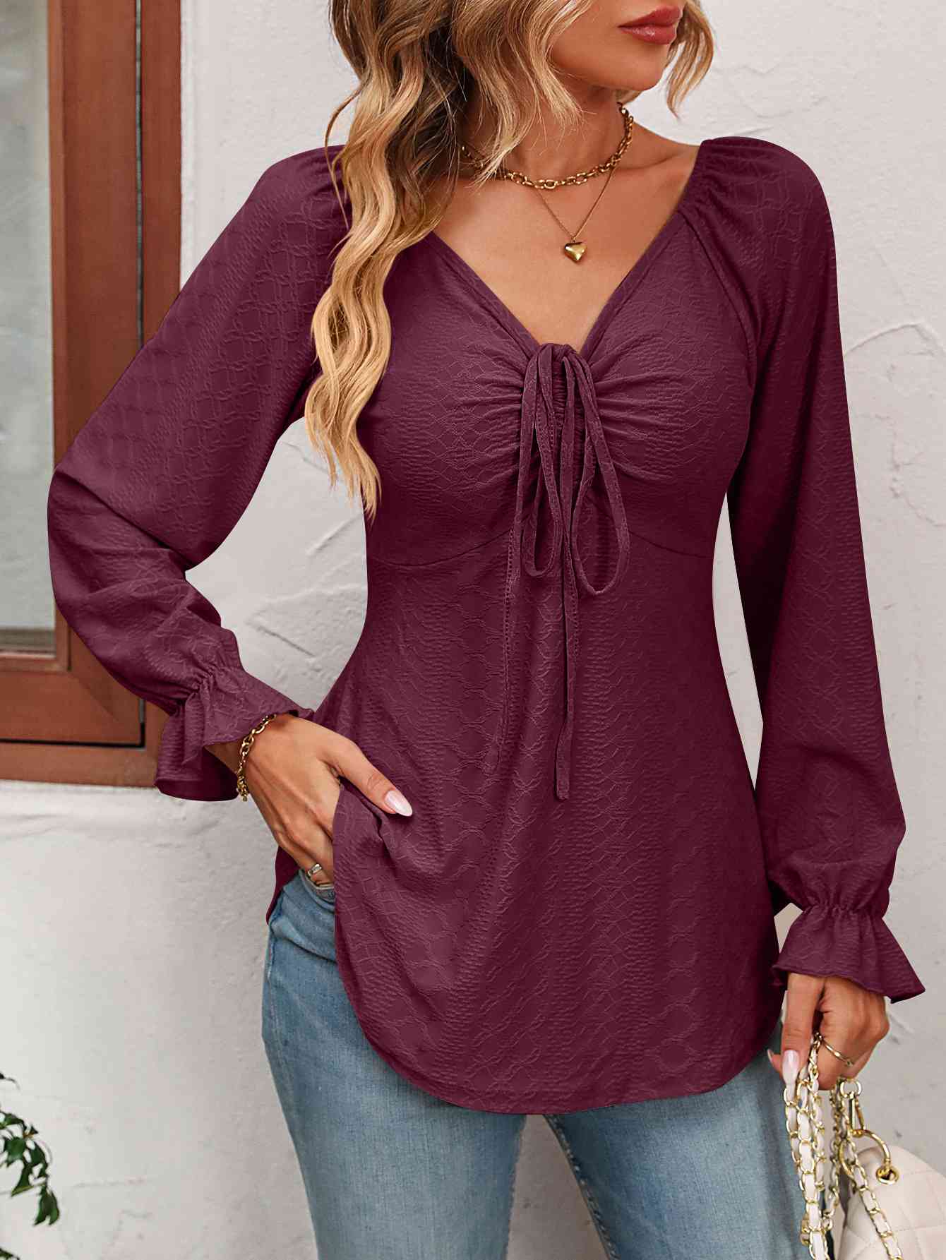 Tie Front V-Neck Puff Sleeve Blouse Wine