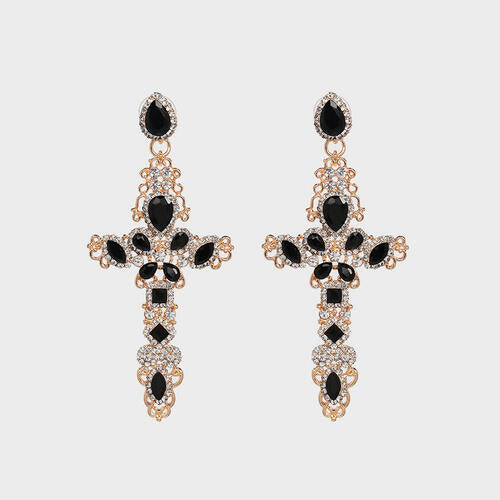 Rhinestone Alloy Cross Earrings Gold One Size